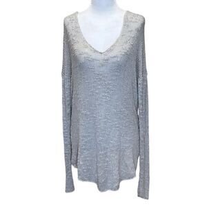 Helmut Lang, Silk Knit, Crochet V-Neck Sweater, Relaxed Fit Size L, Gray / Cream